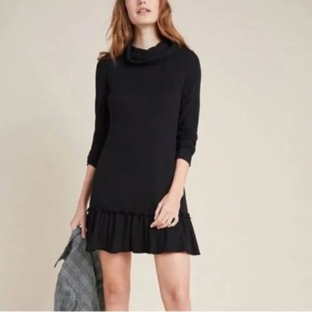 Anthropologie Dolan Shea Cowl Neck Black Swing Ruffle Hem Detail Sweater Dress
